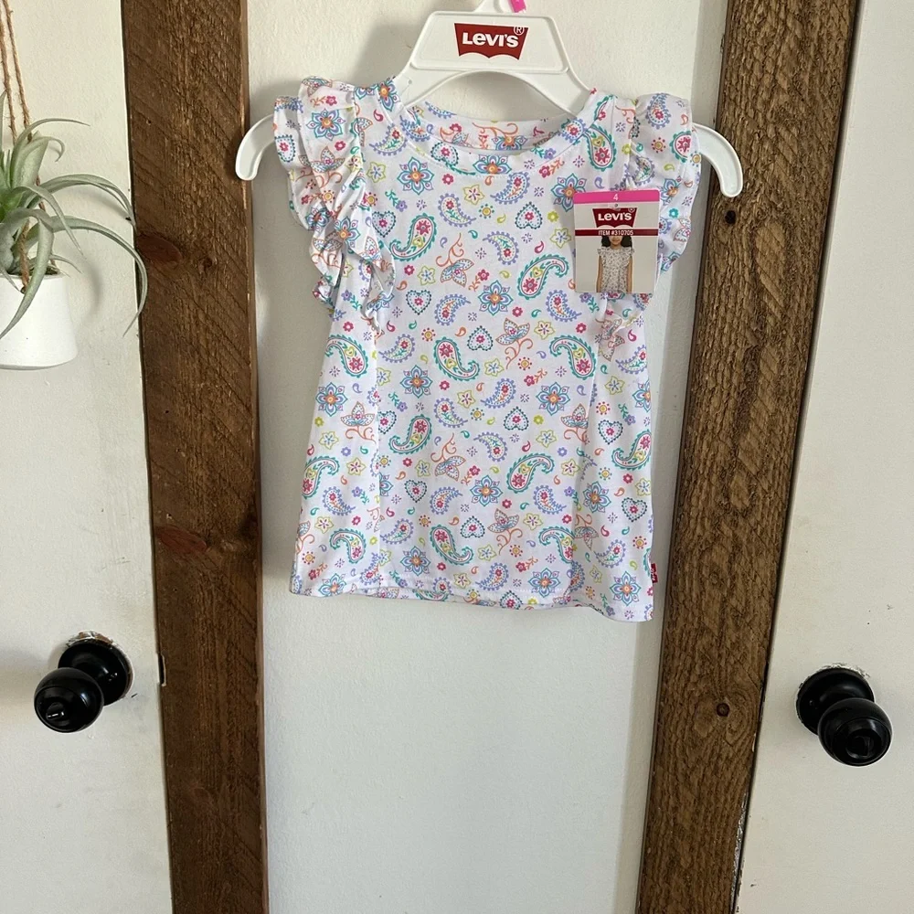 New Levi's Girls Size 4 Colorful Paisley Print Top Ruffle Layered Short Sleeves - Picture 2 of 16